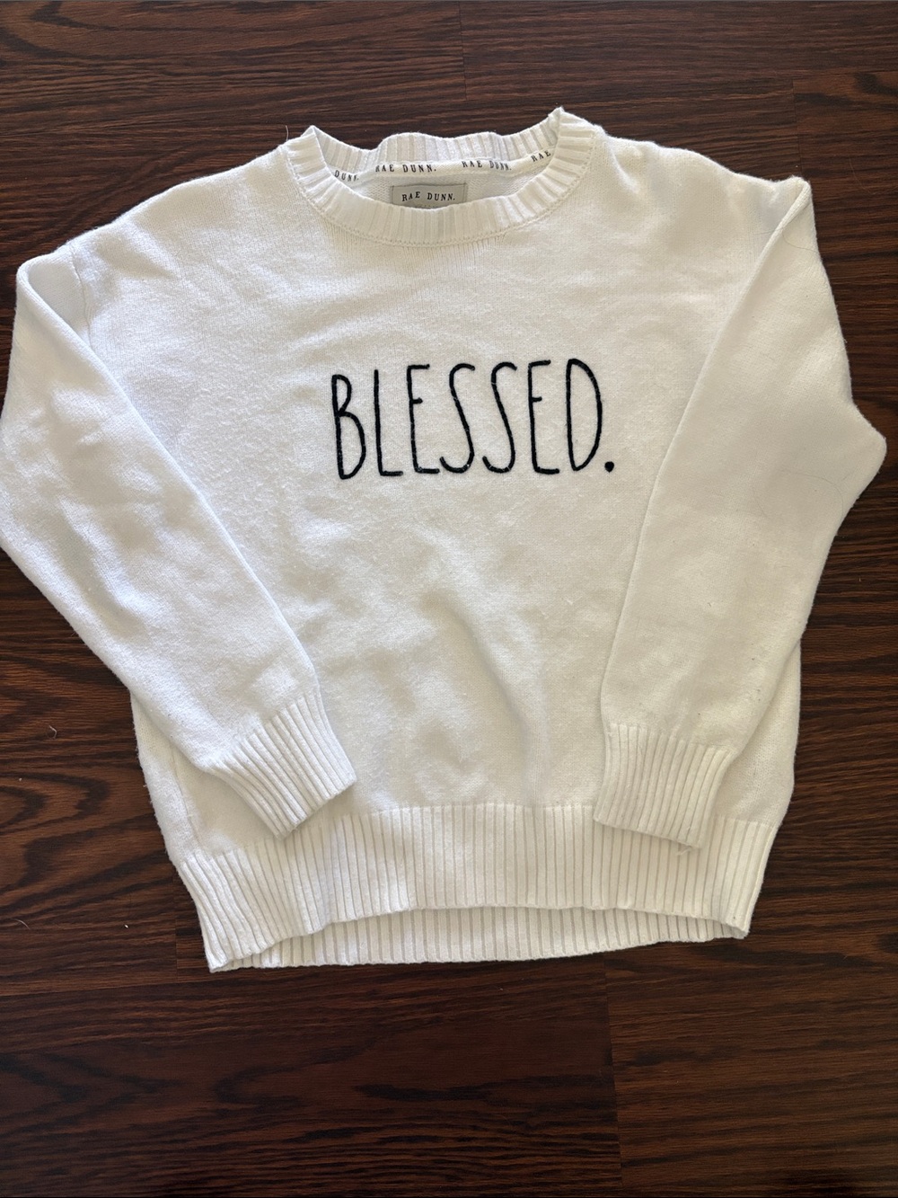 Rae Dunn White Crewneck Sweater with Black 'BLESSED.' Script